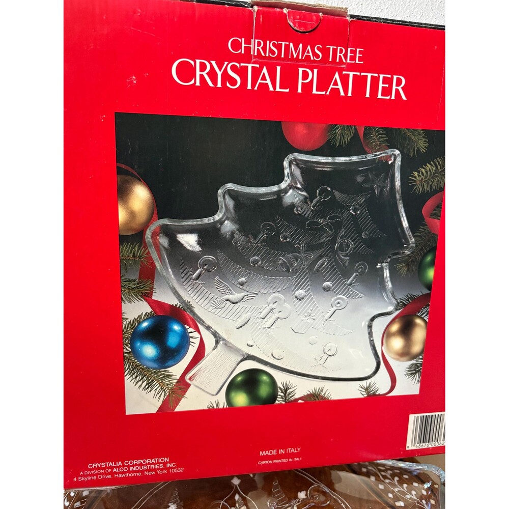 Vintage Crystalia Christmas Tree Shaped Crystal Platter Made In Italy